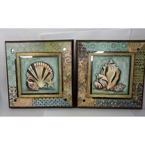 2 Sets SEASHELL PICTURE STARFISH BEACH SEASCAPE BATHROOM Fram 15x15 Pre- Owned